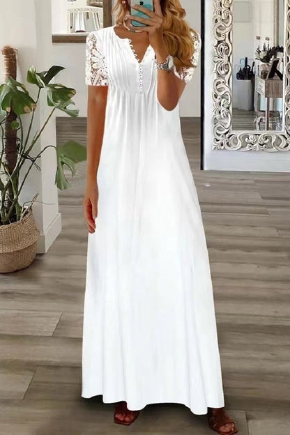 Boho Floral V Neck Button Lace Sleeve Holiday Beach Maxi Dress