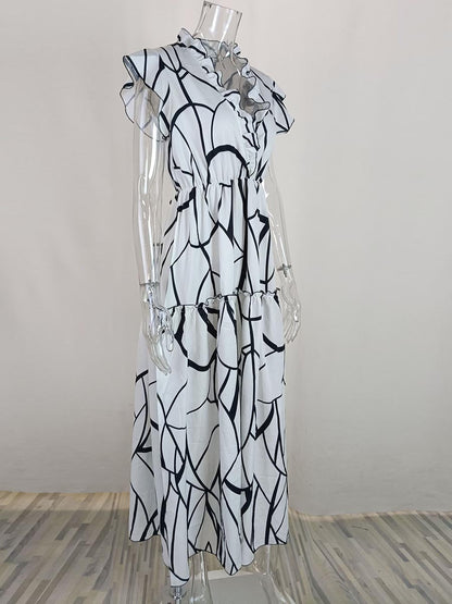 V-Neck Print Pleated Sleeveless Dress
