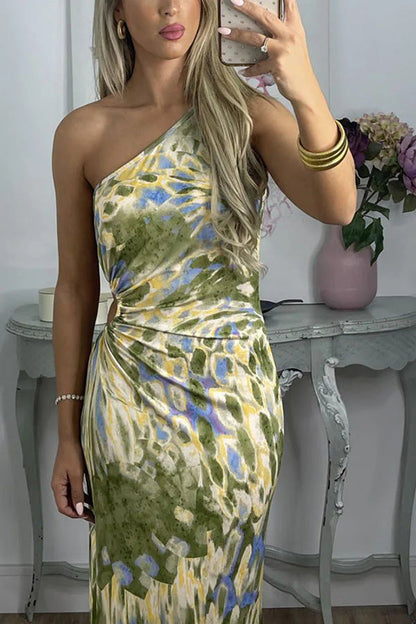 Irregular slanted shoulders blooming print slim dress